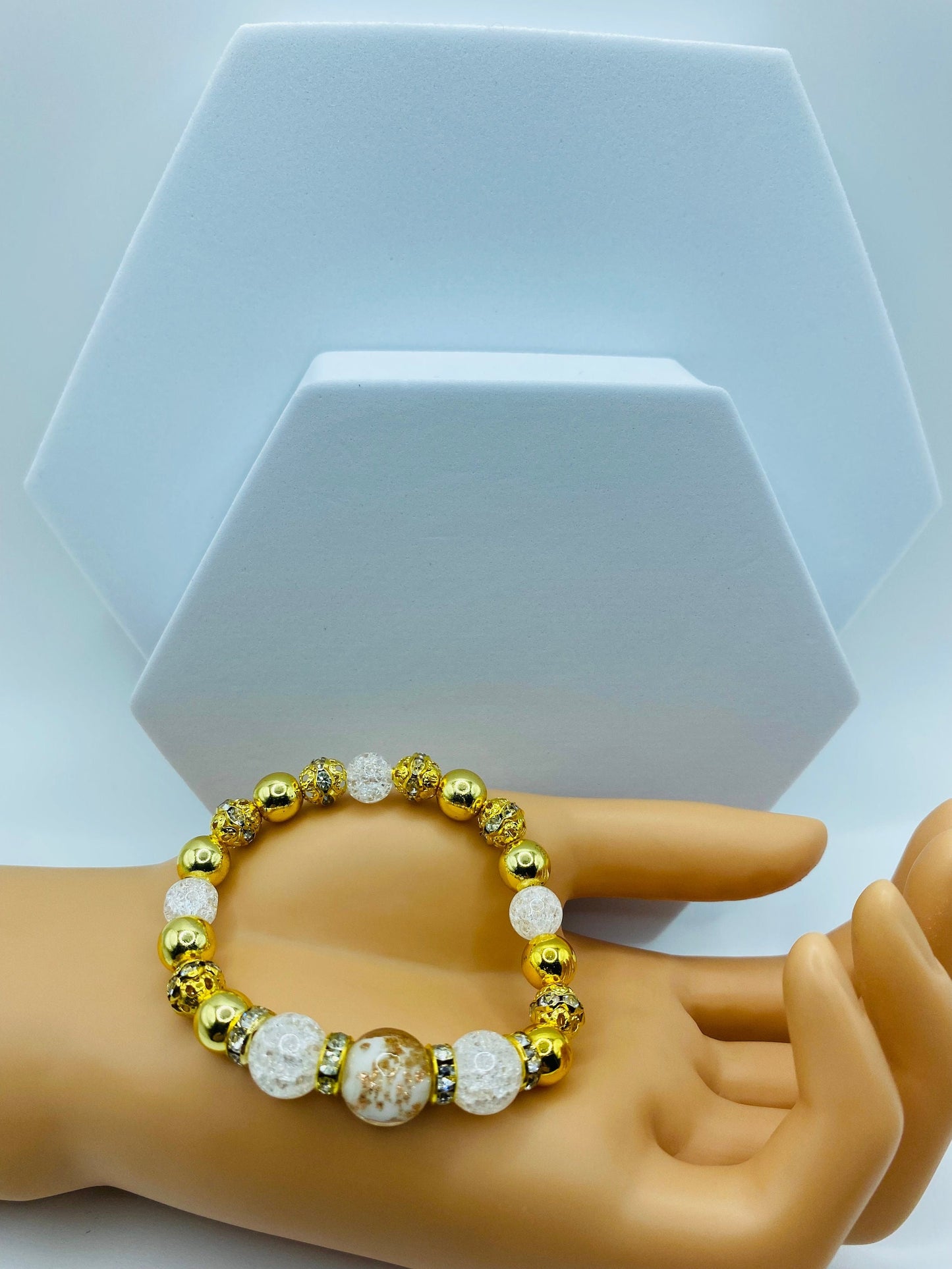 Gold Hematite Bracelet: Lampwork Glass & Crackle Quartz Crystal