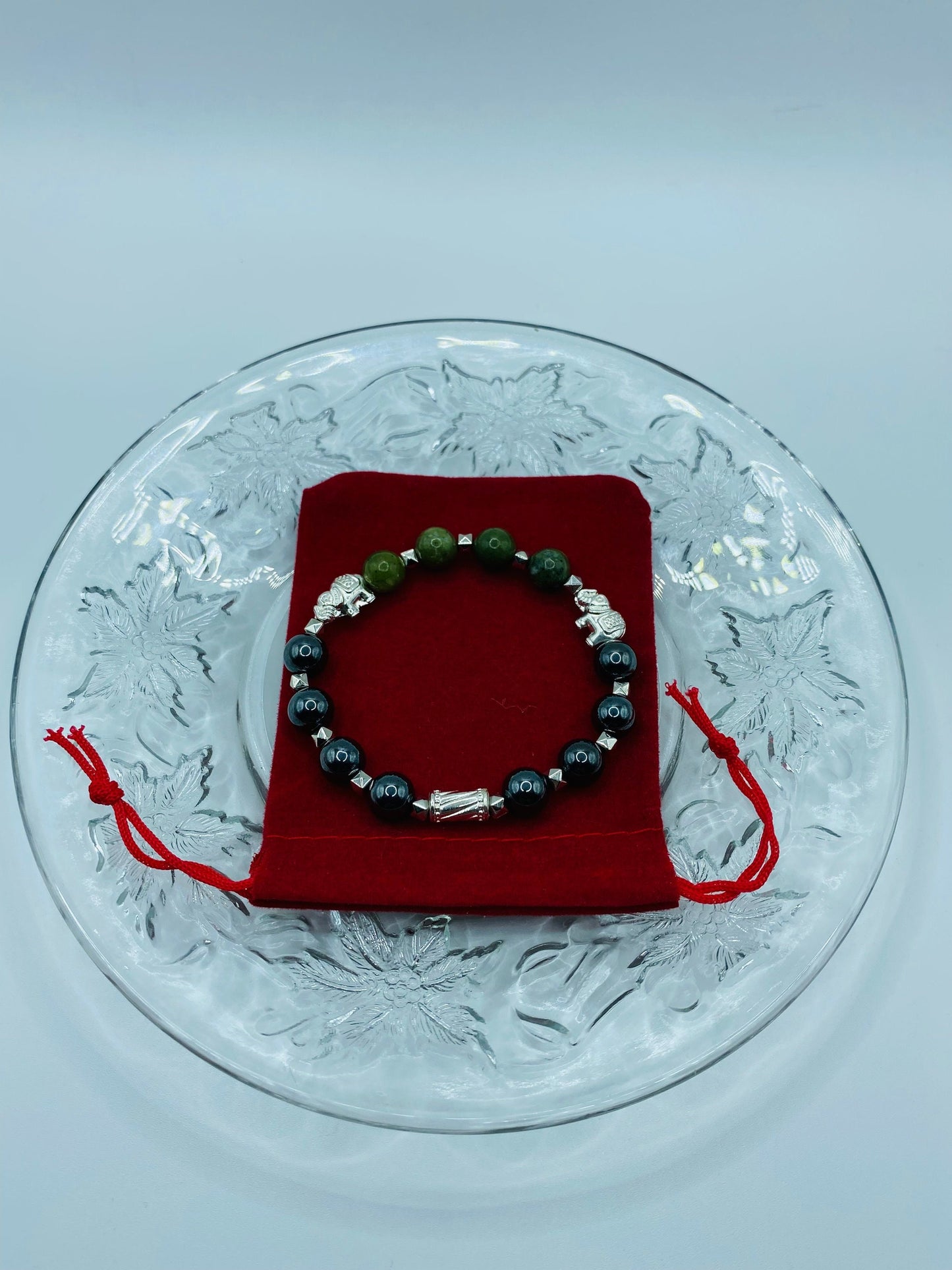 Elephant Jewelry White Gold Womens Bracelet with Jade & Hematite Gemstone Beads - Elephant Gifts