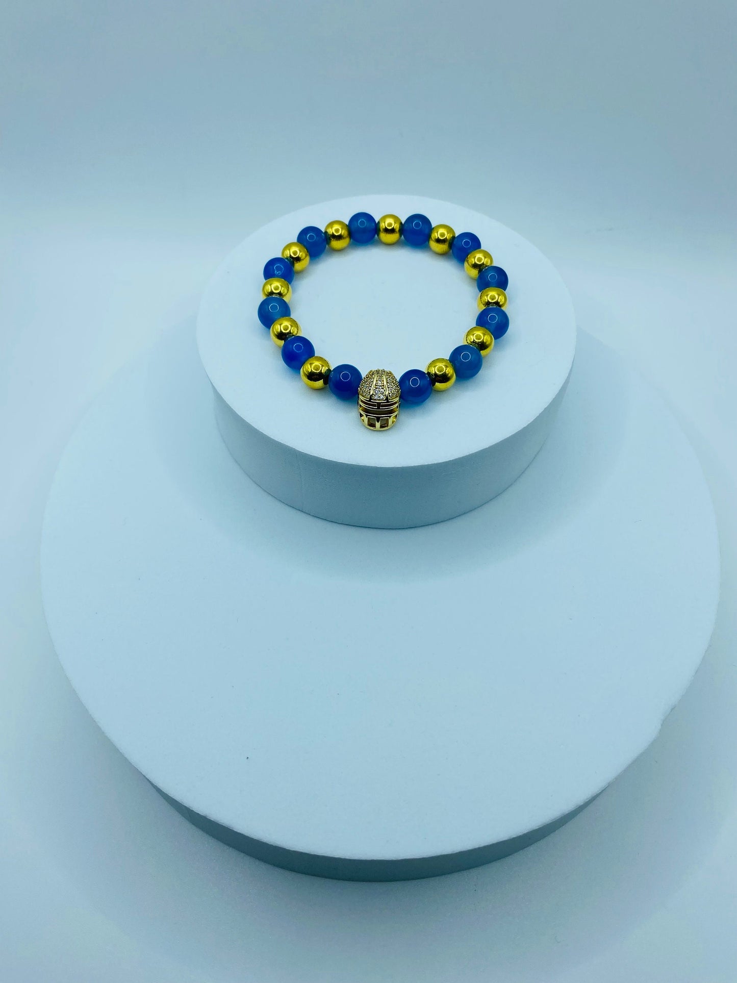 UCLA Football Bracelet: Blue Agate, Gold Helmet Charm