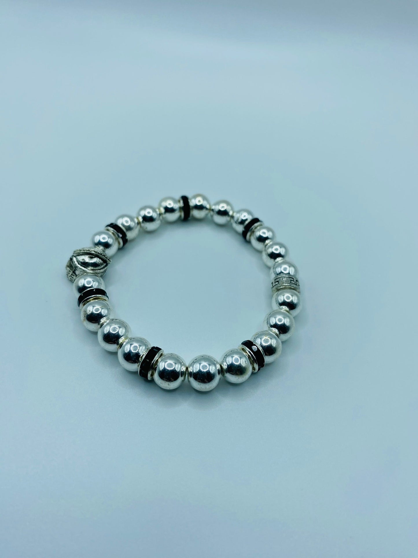 Mens Spartan Helmet Bracelet: Silver Hematite Gemstone Beads, Medieval Jewelry