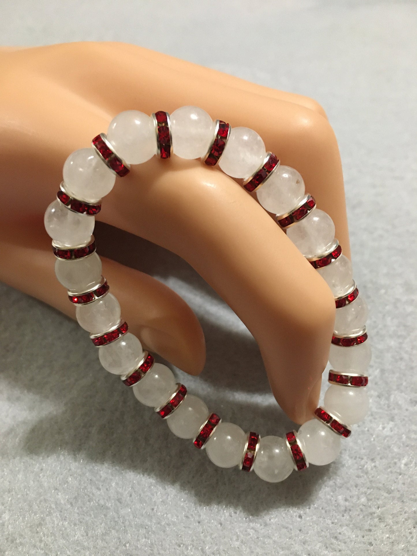 White Jade Bracelet with Red Rhinestone Rondelles