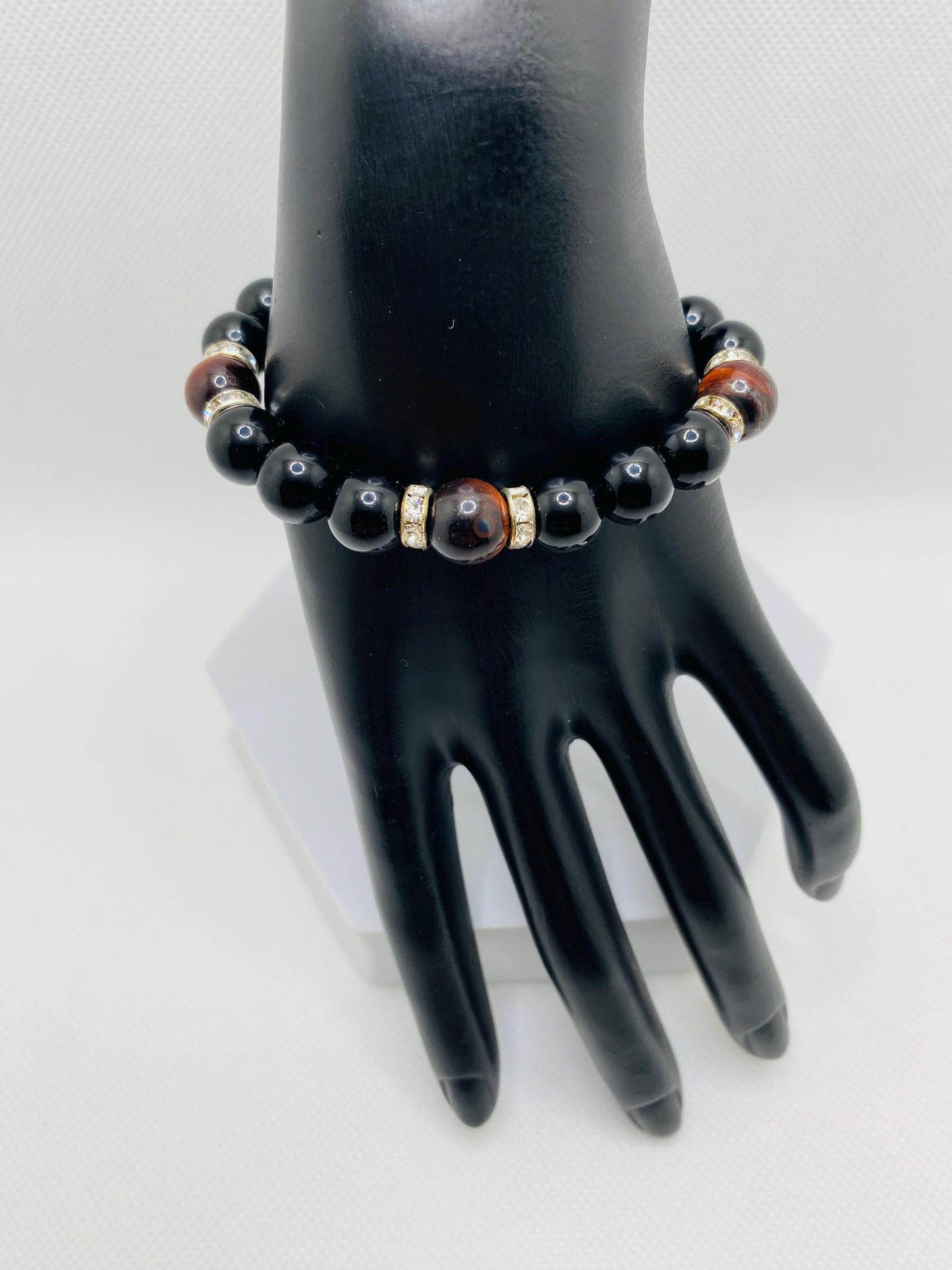 Mens Black Onyx & Red Tiger's Eye Beaded Bracelet: Handmade Gemstone Jewelry