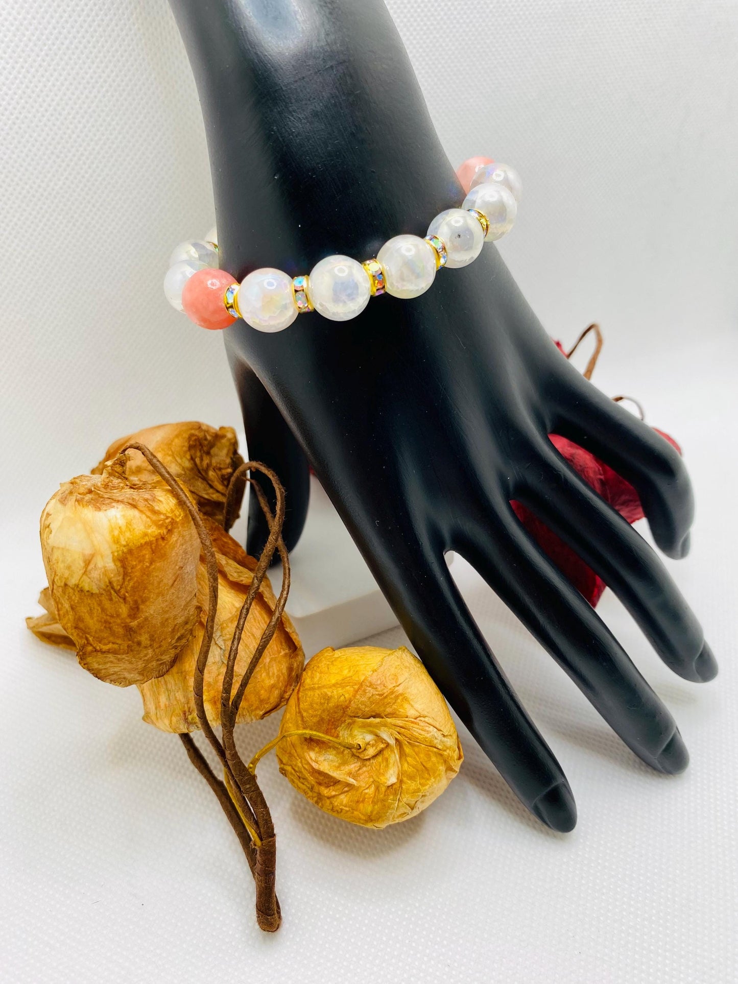 Snow Quartz & Pink Gemstone Bracelet: 18k Gold Plated Rondelles