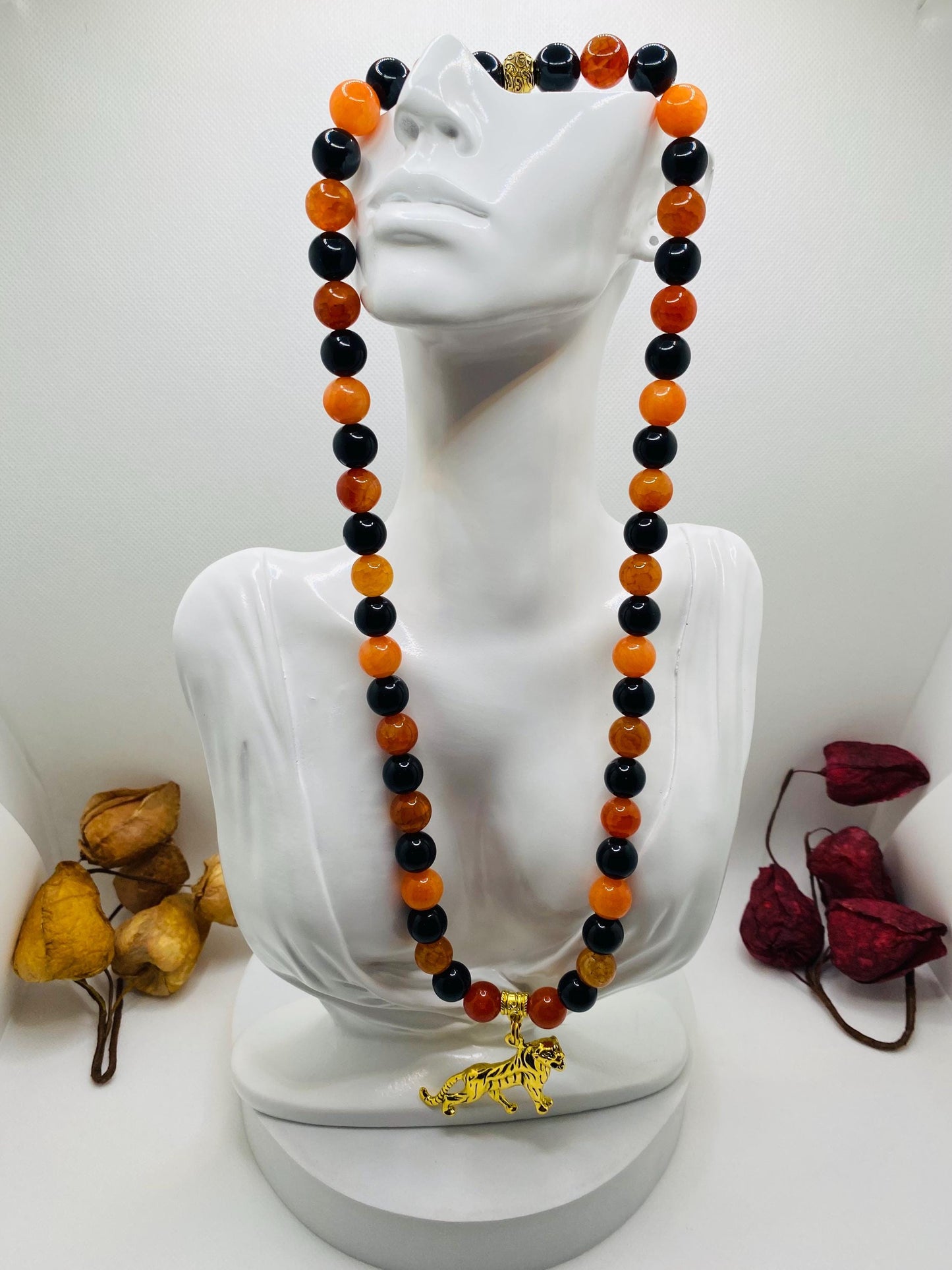 Cincinnati Bengals Charm Necklace for Men, Mens Necklace with Gemstone Beads, Tiger Pendant