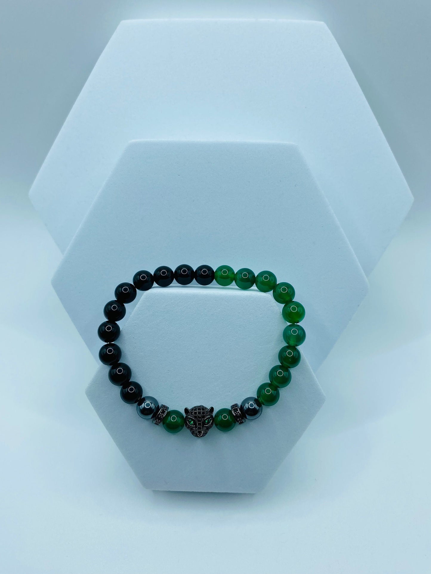 Handmade Black Panther Charm Bracelet: Onyx, Jade & Hematite Gemstone Beads