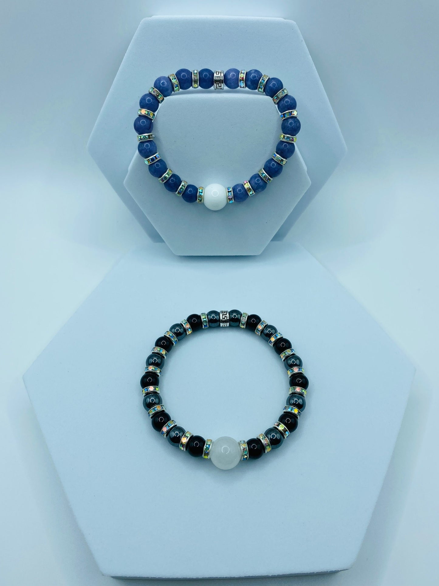 Handmade Black Onyx & Chalcedony Bracelet with Rhinestone Spacers