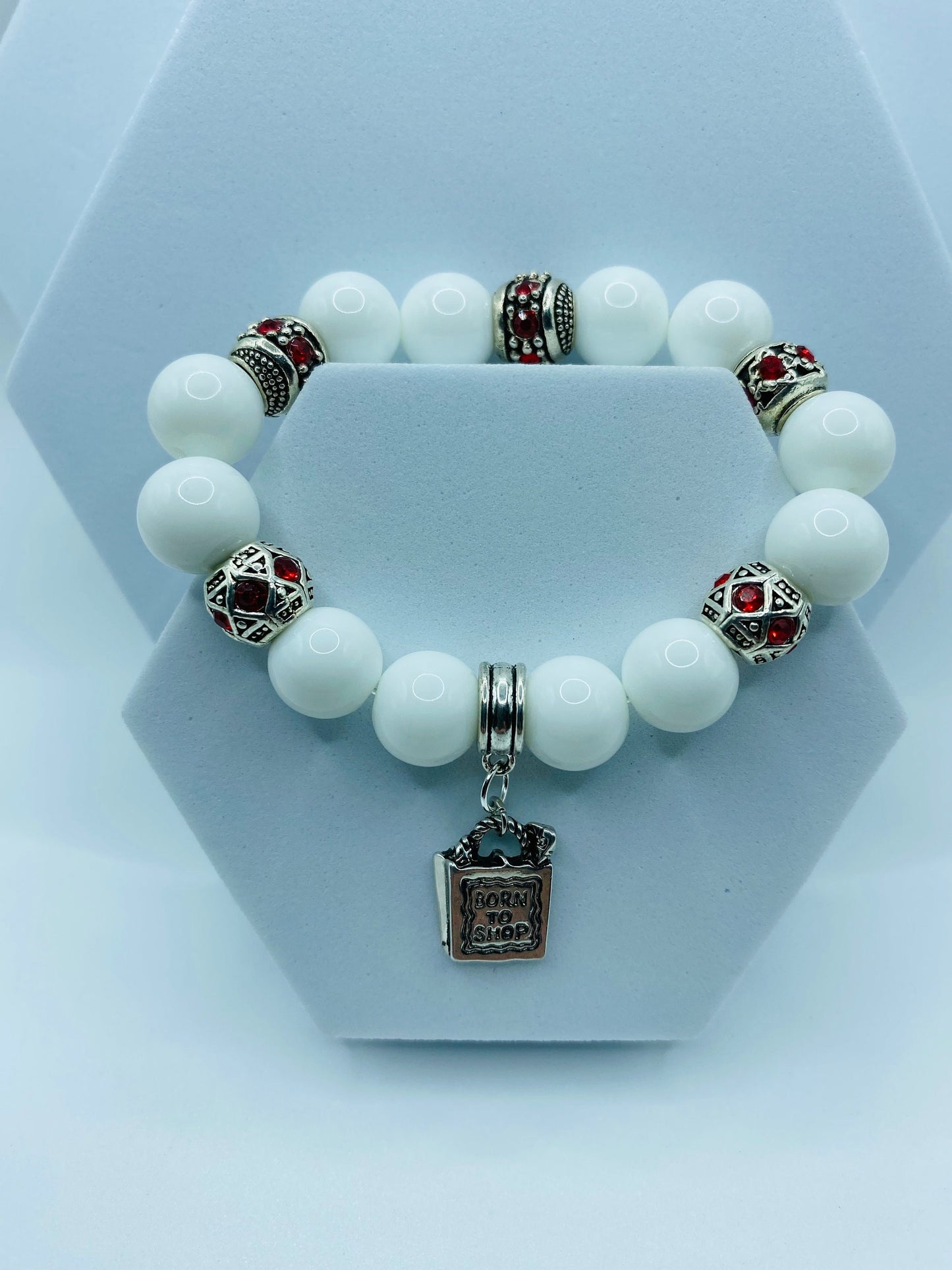 Porcelain Charm Bracelet: Red Rhinestone Handbag Pendant, Antique Silver