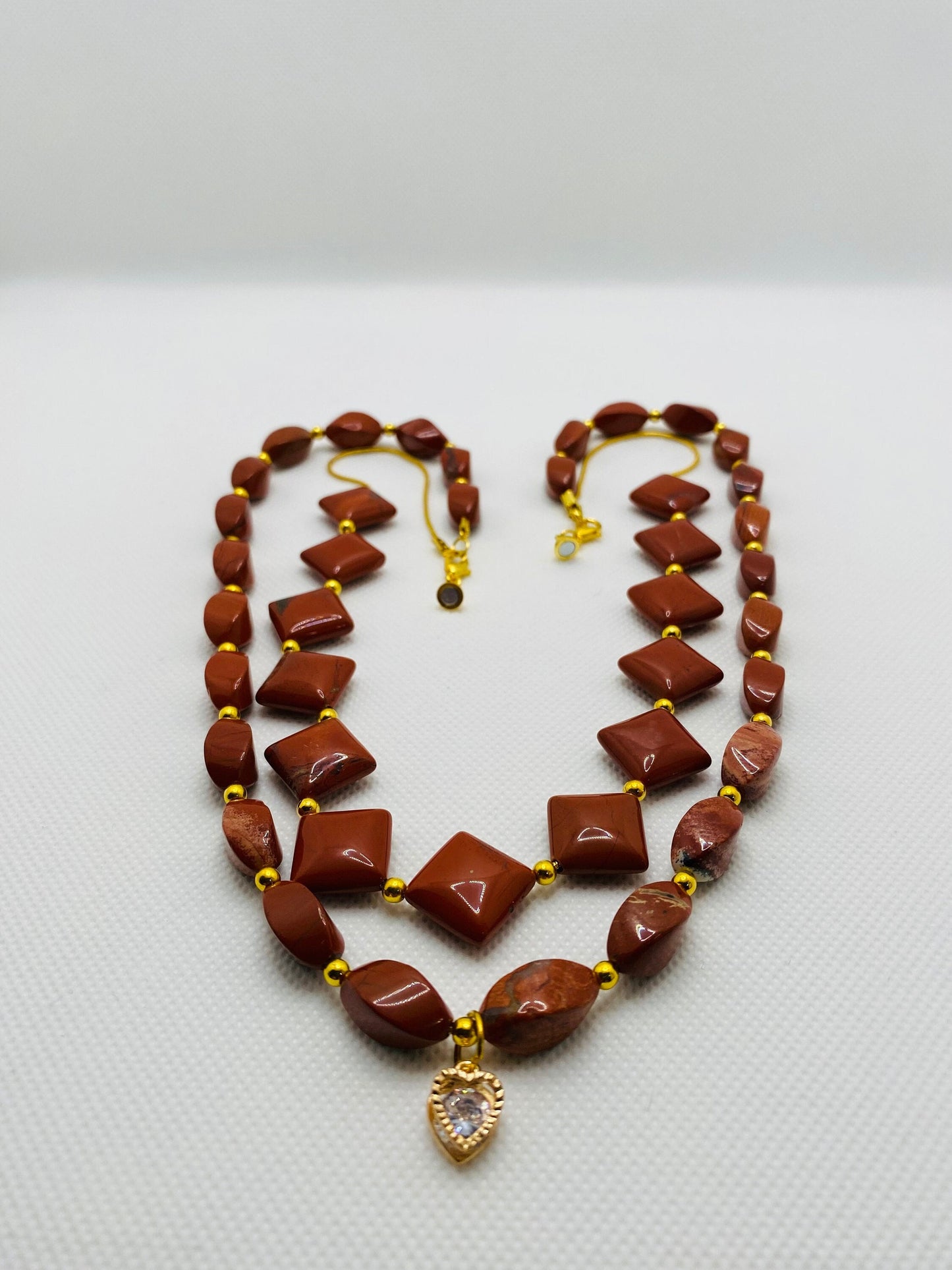Necklaces for women Handmade Jewelry - Twisted, Diagonal Red Jasper - Gold Jewelry Beads - Heart Necklace