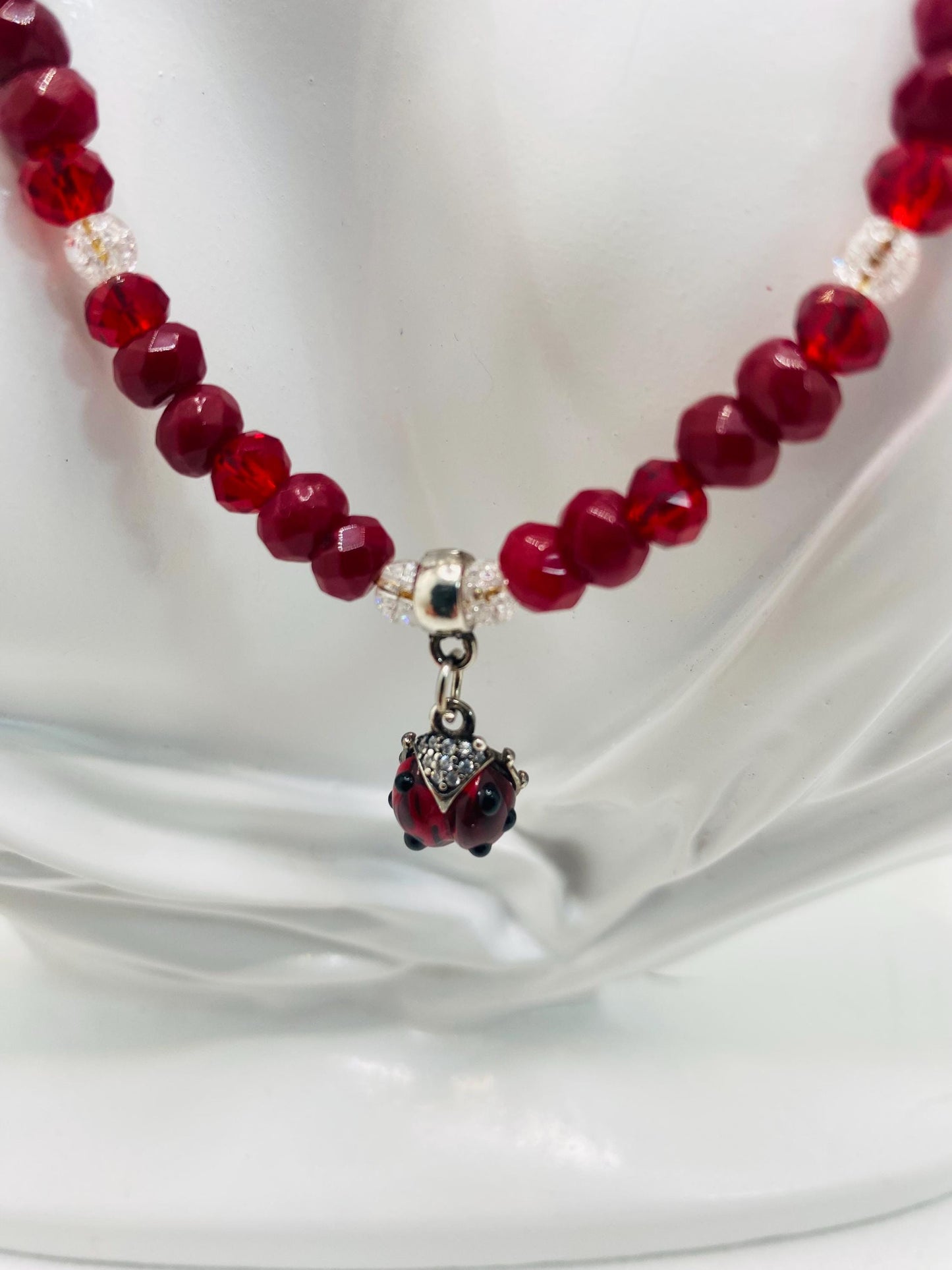 Handmade Red Jade Necklace: Ladybug Charm, Crystal Quartz Beads
