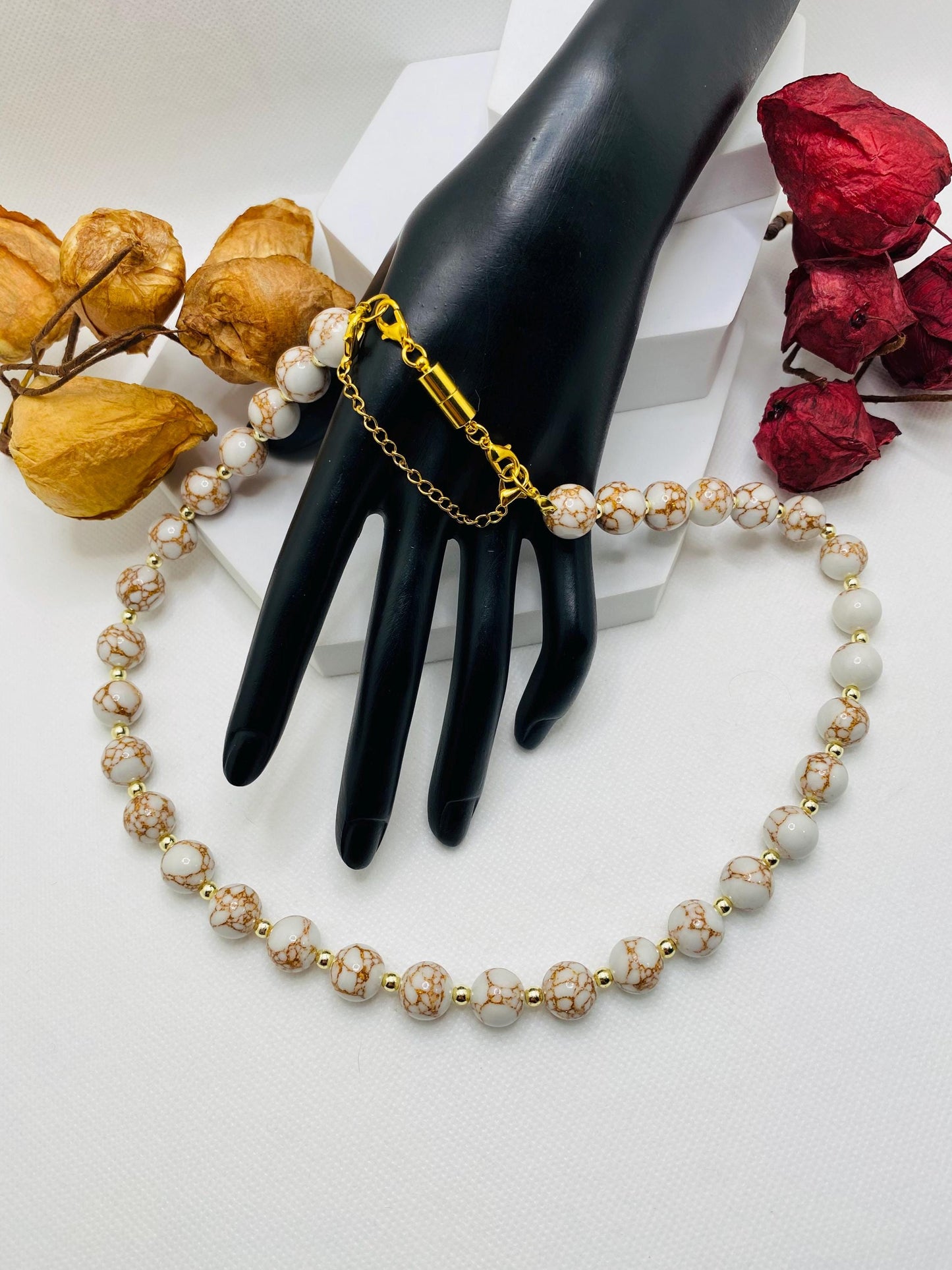 Howlite Gemstone Necklace: Gold Hematite Beaded Jewelry