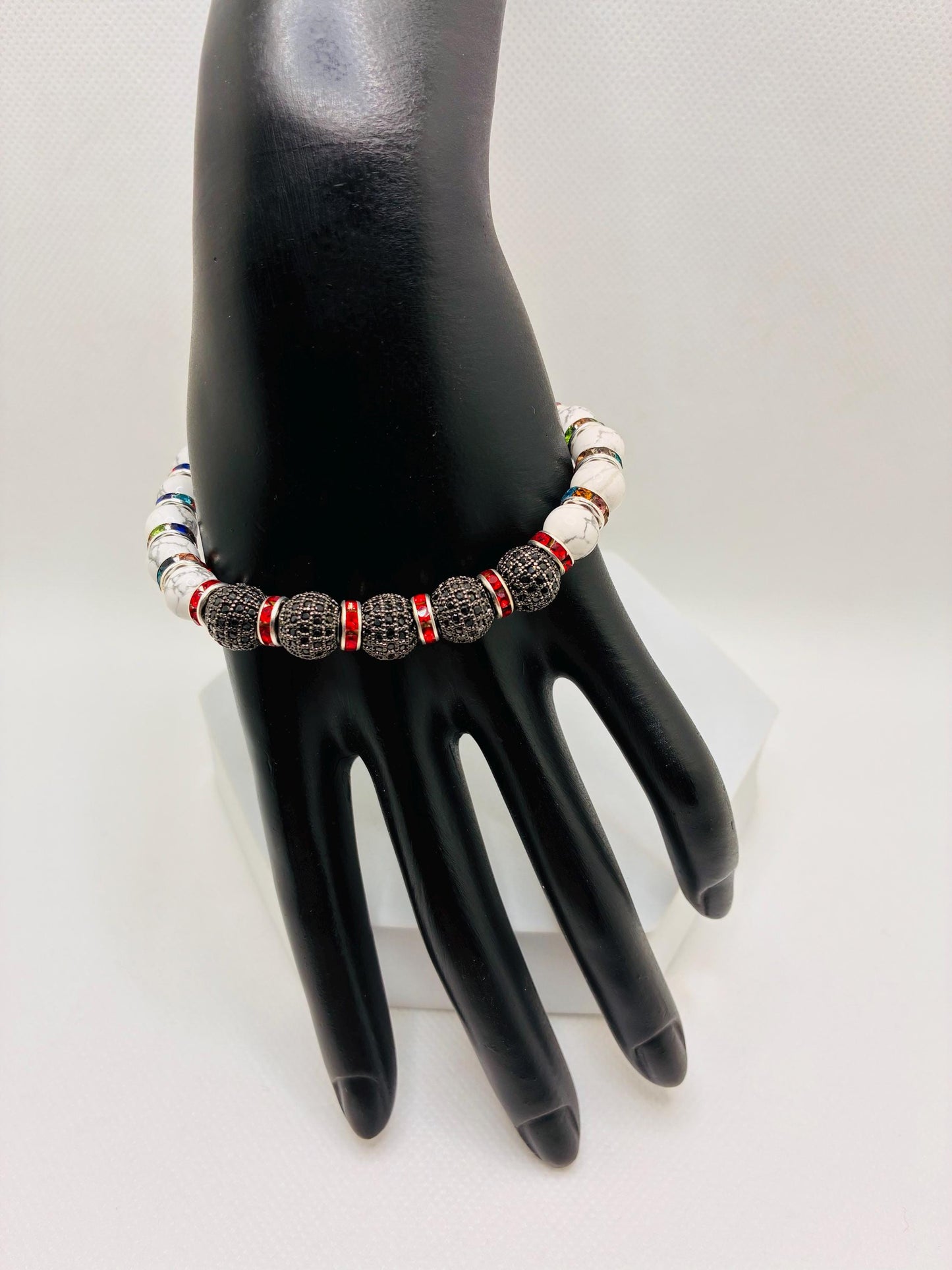 Womens Howlite Bracelet with Zircon Paved Rhinestone Charm Beads, Rainbow Bracelet