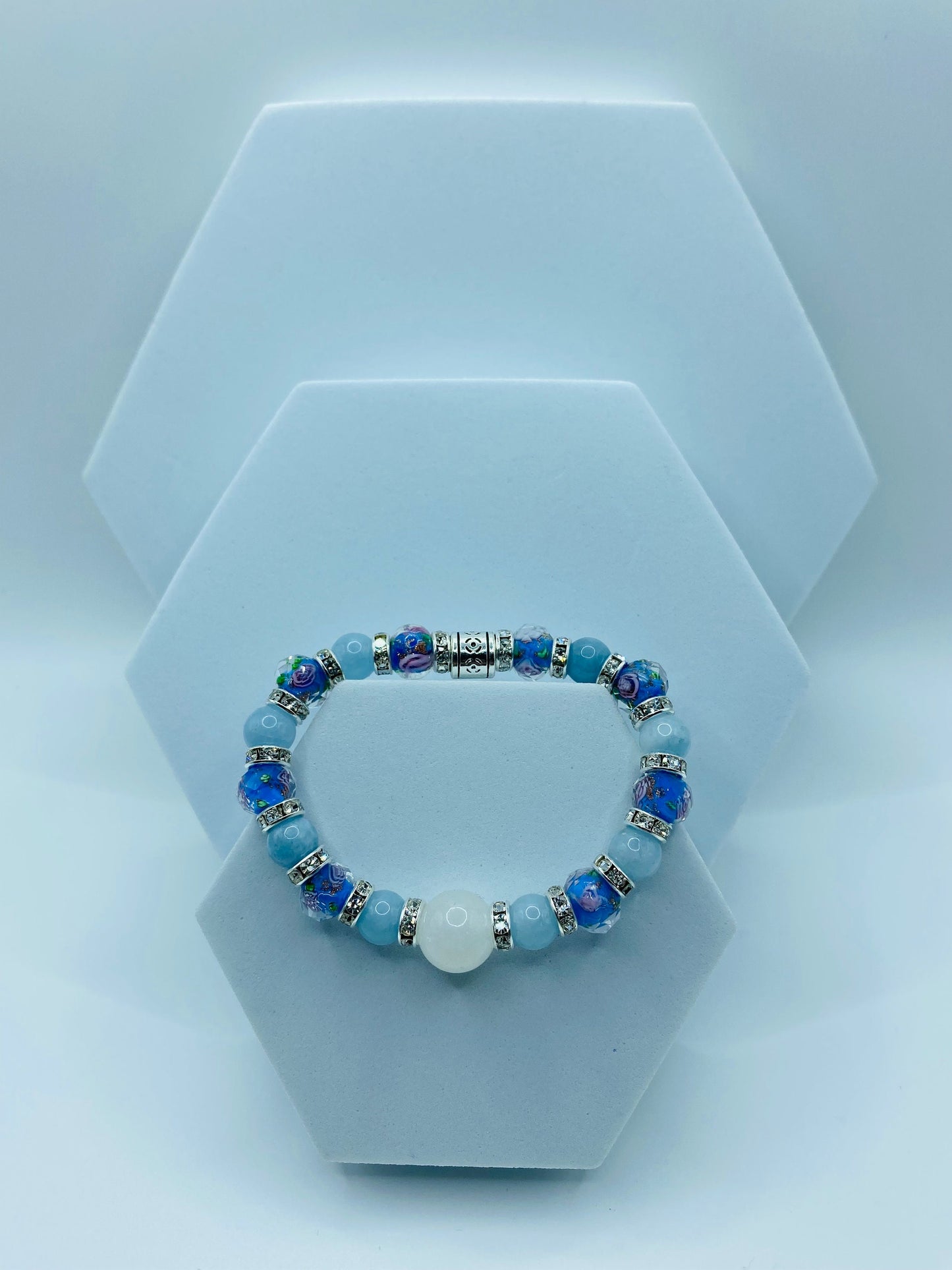 Aquamarine Bracelet: Lampwork Floral Glass Beads, Chalcedony Stone