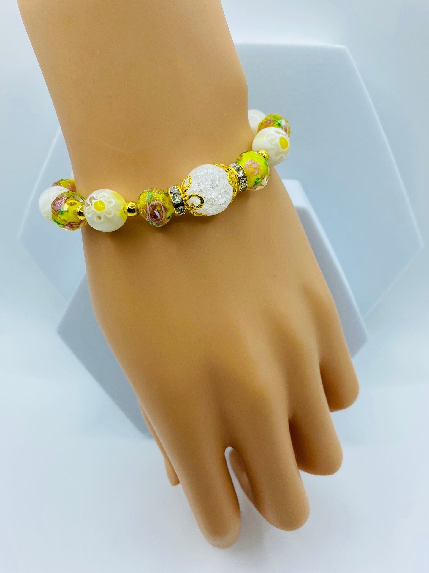 Lampwork Glass Bead Bracelet: Boho Floral Jewelry, Gold Hematite Accent