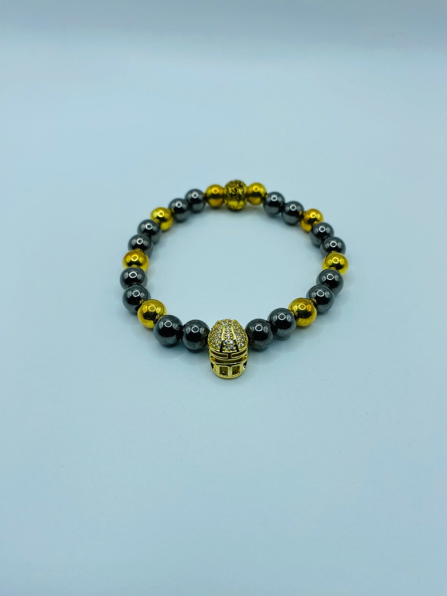 Pittsburgh Steelers Bracelet: 18k Gold Plated Hematite, CZ Football Helmet