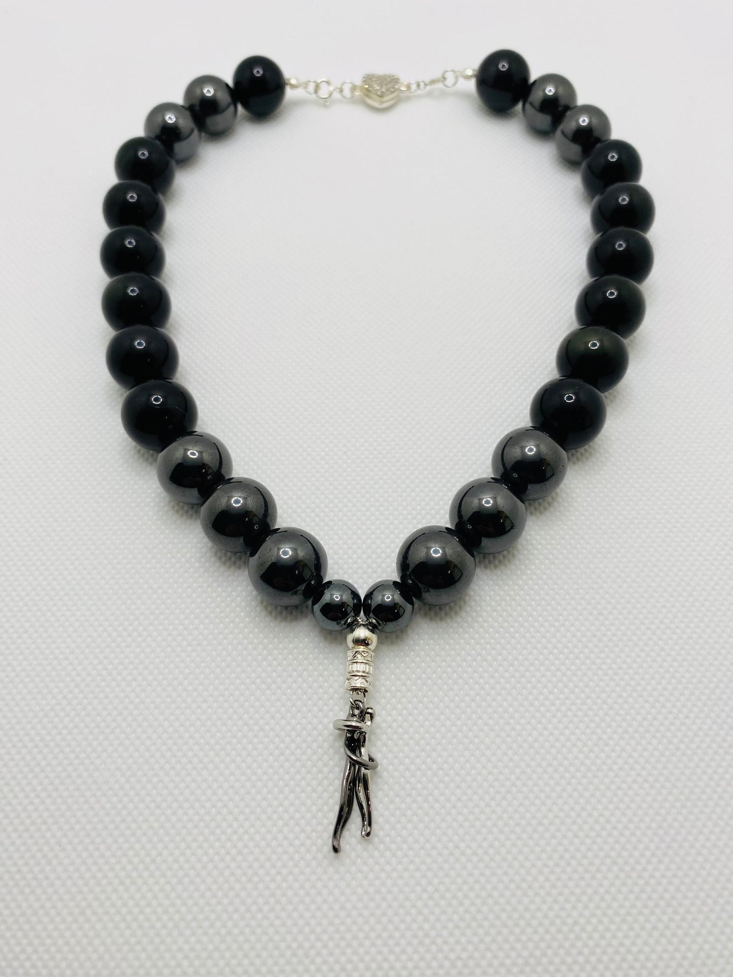 Black Obsidian & Hematite Necklace: Embrace Couple Charm