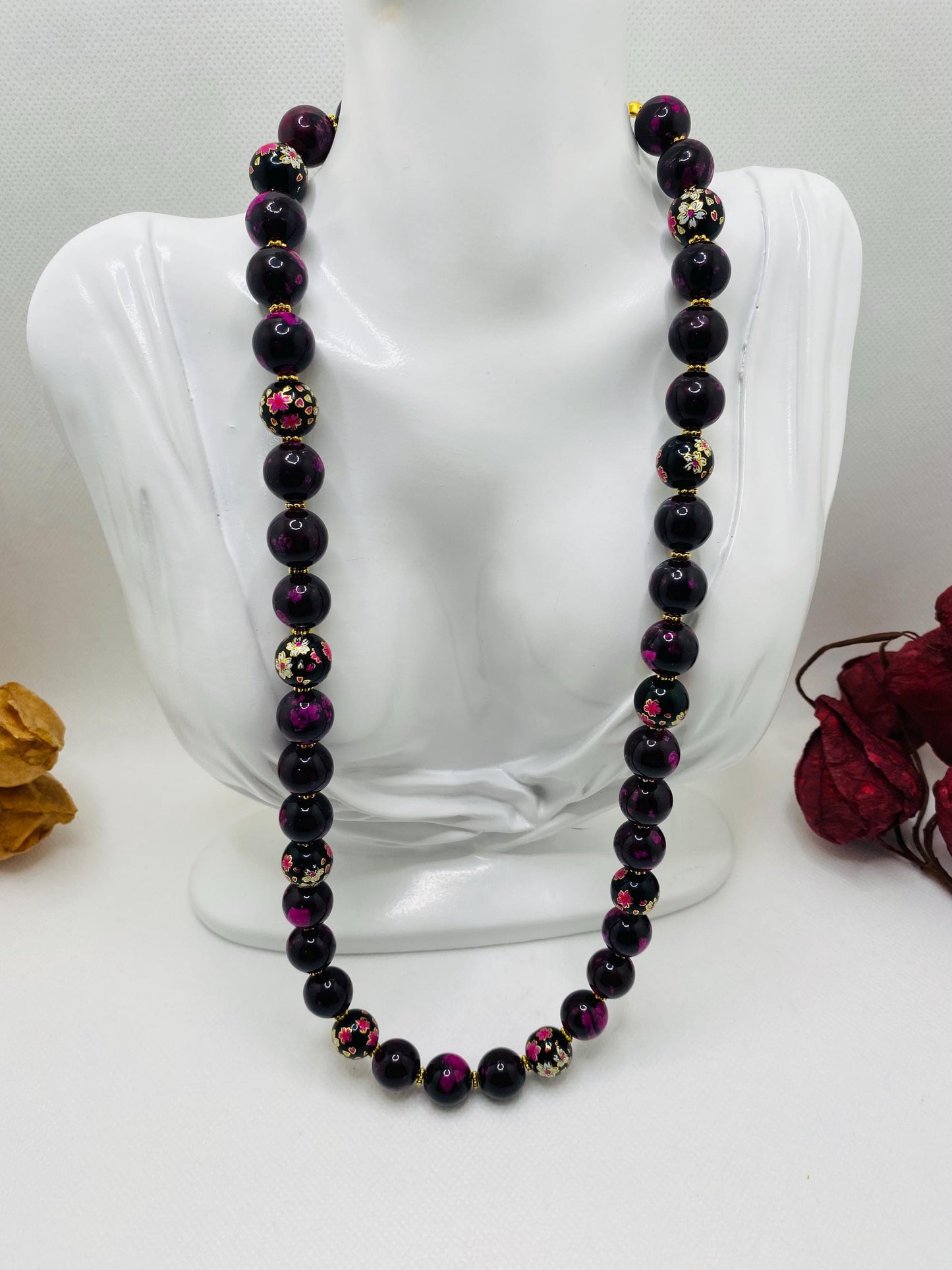 Dark Red Jasper Beaded Necklace: Floral Glass & Gold Accents