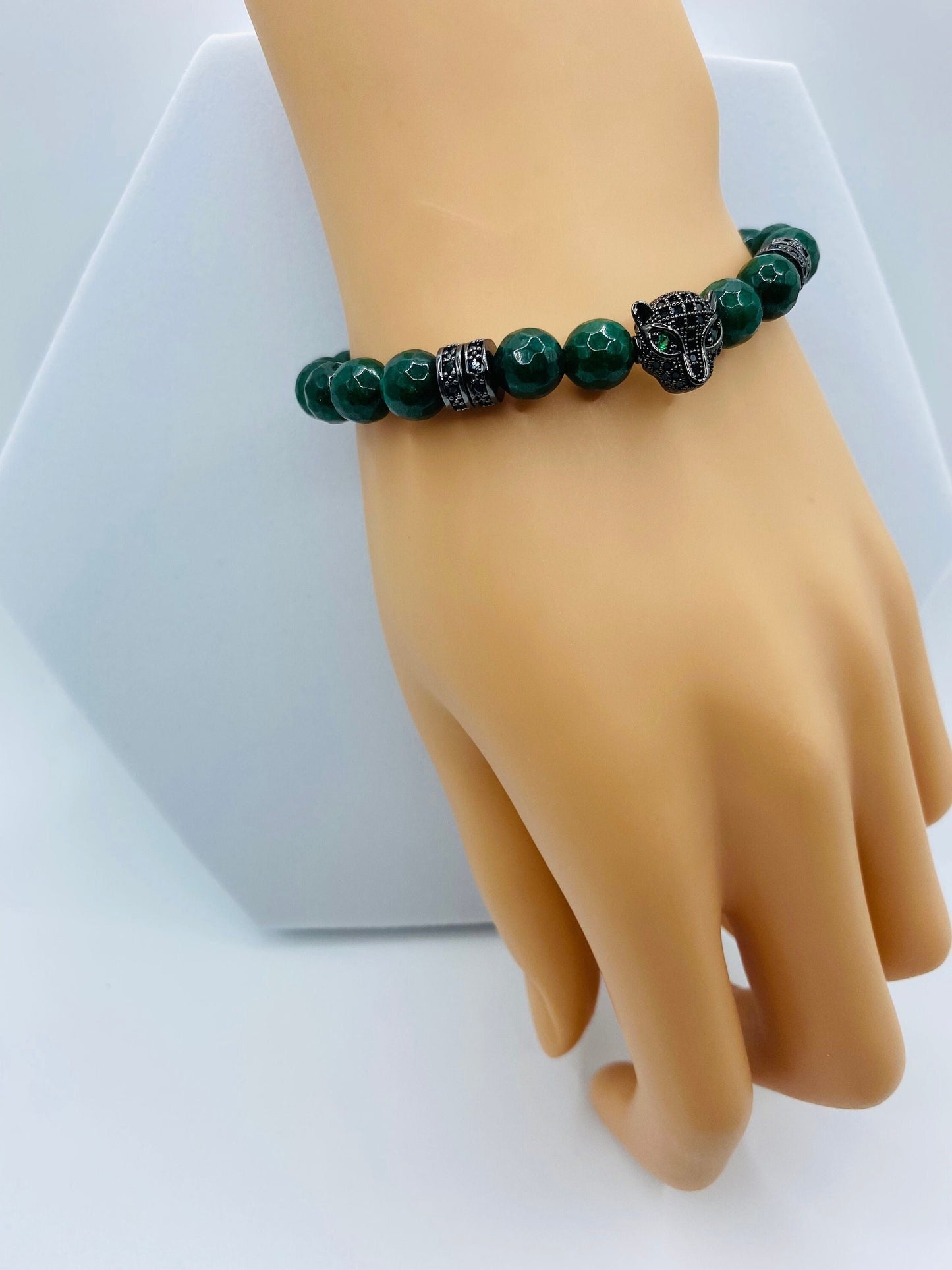 Emerald Green Jade Bracelet: Black Panther Charm, Rhinestone Spacers