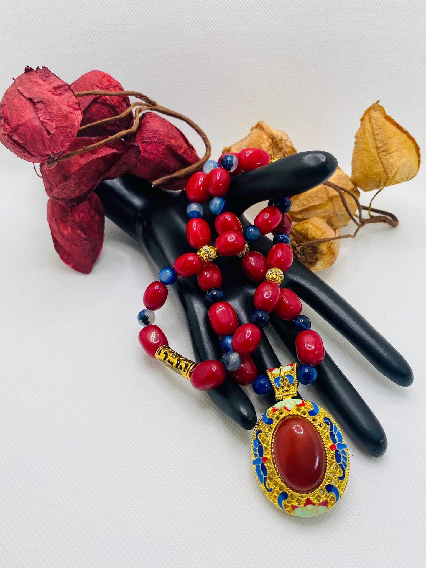 Chalcedony Pendant Necklace: Red Jade & Agate Gemstone Boho Jewelry