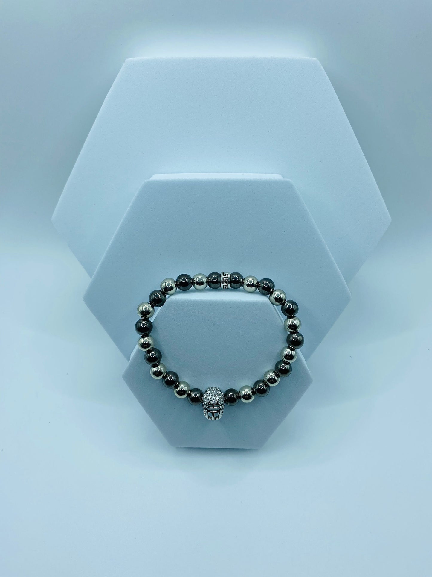 Las Vegas Raiders Bracelet: Hematite Gemstone Beads, CZ Football Helmet