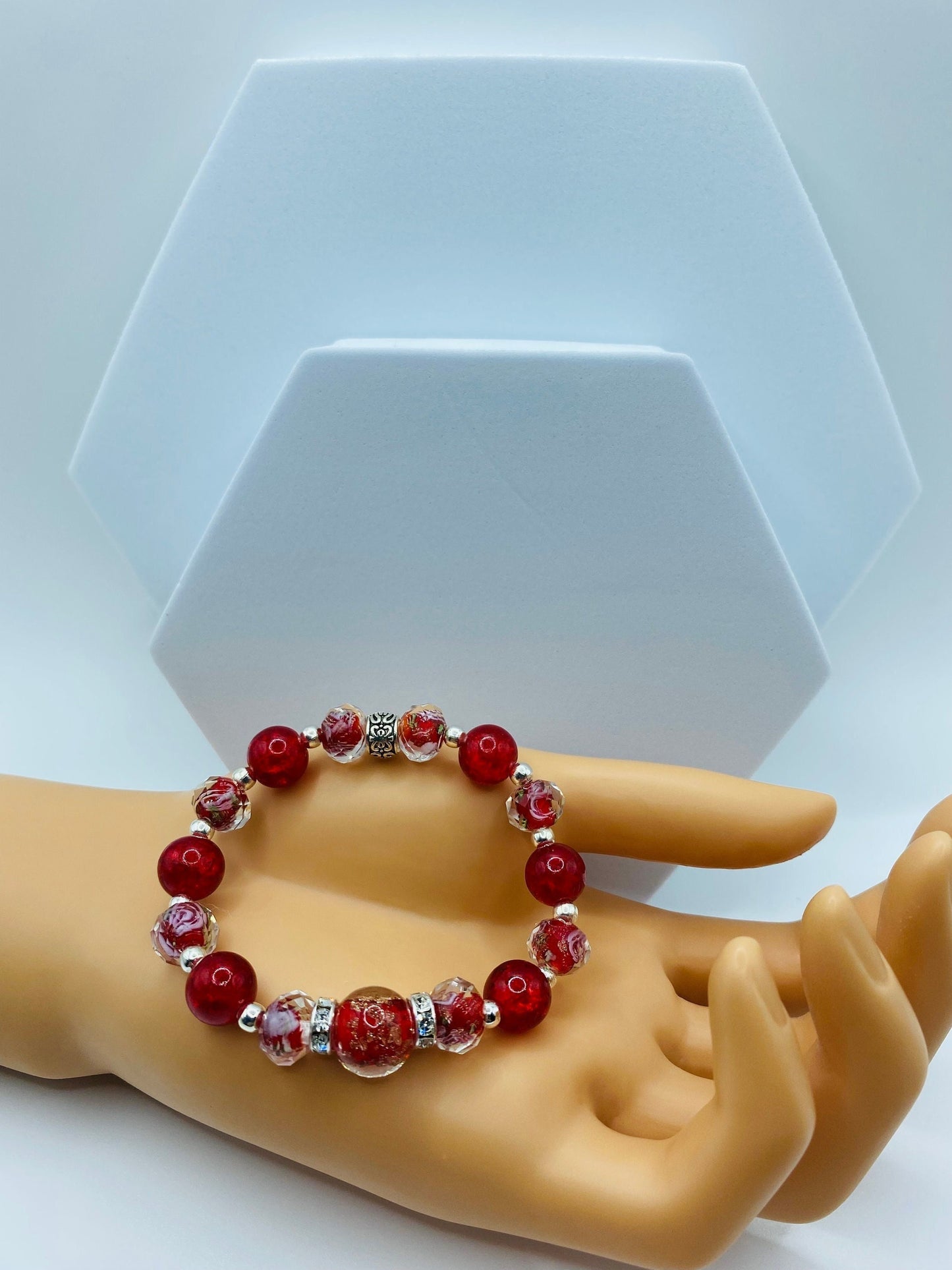 Red Lampwork Glass Bead Bracelet: Hematite & Crystal Rondelles