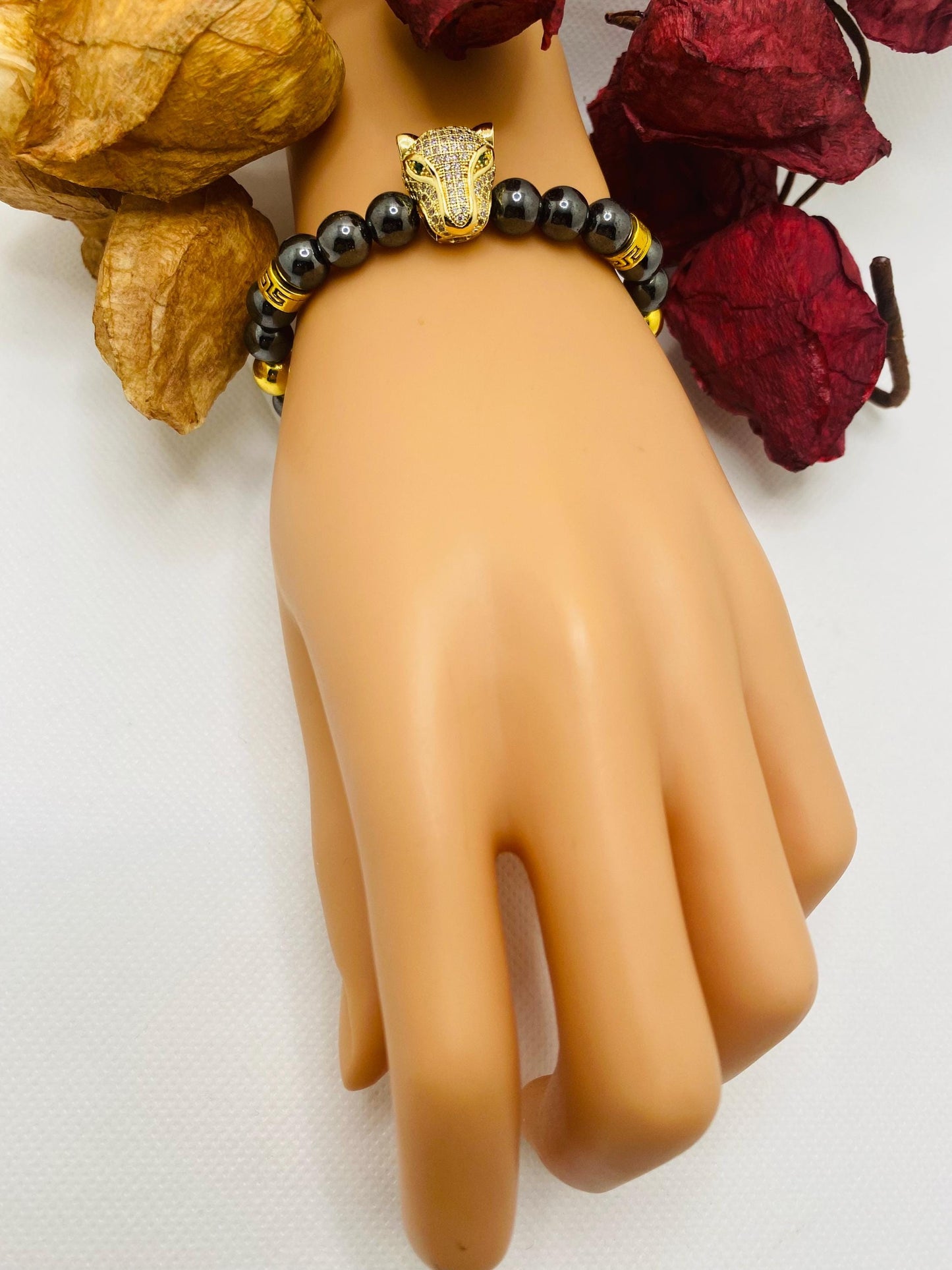 Black Hematite Bracelet: Gold Panther Bead Charm, Unisex Jewelry