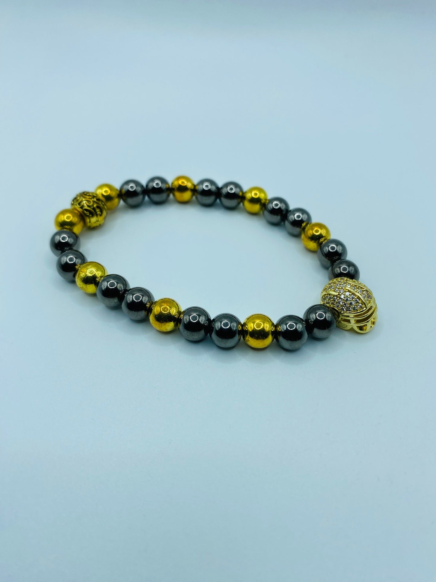 Pittsburgh Steelers Bracelet: 18k Gold Plated Hematite, CZ Football Helmet