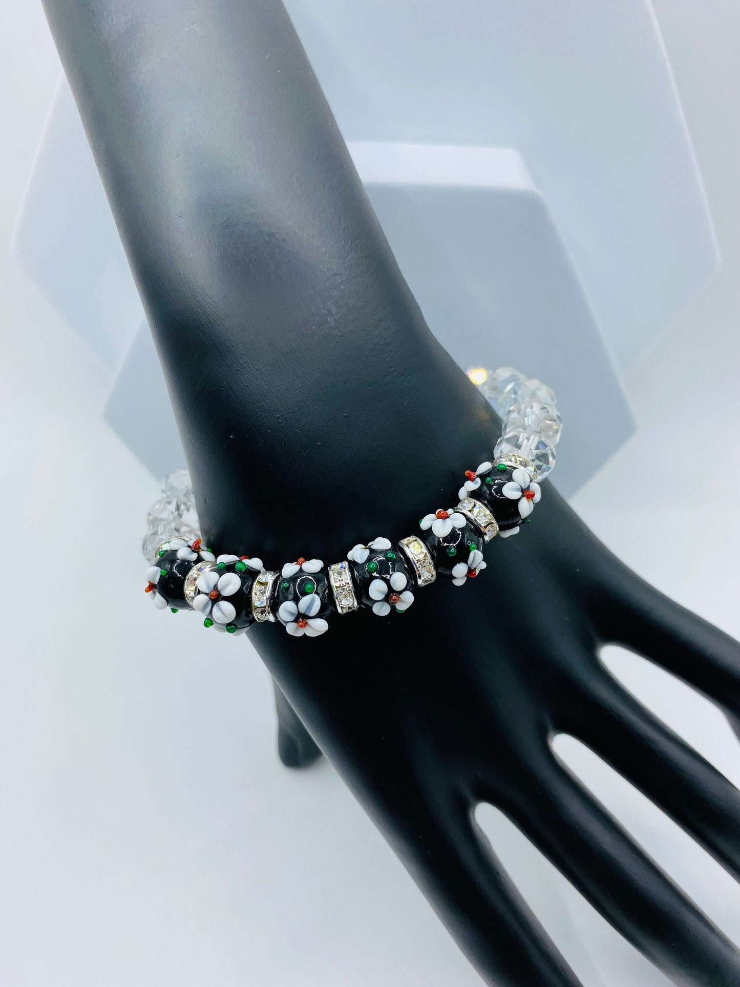Lampwork Floral Glass Bead Bracelet: Rhinestone Crystal Flower Bracelet