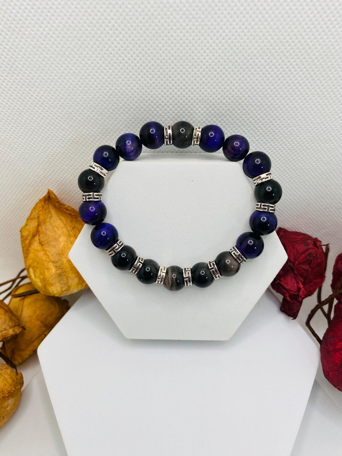 Tigers Eye Bracelet for Men: Black Obsidian & Tibetan Spacers