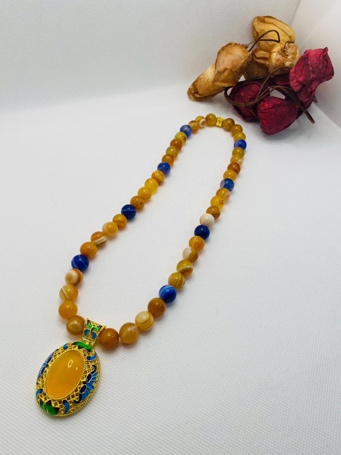 Handmade Chalcedony Pendant Necklace: Striped Agate Gemstone Beads, Boho Jewelry