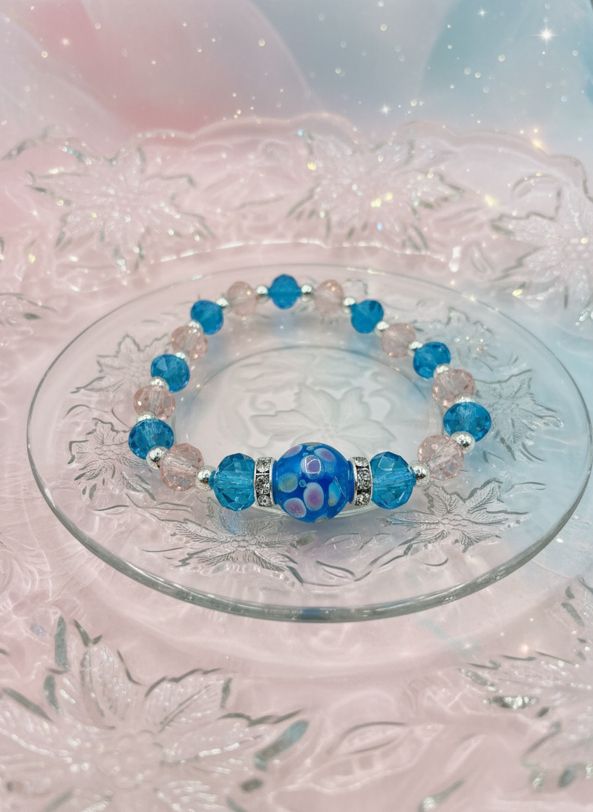Floral Lampwork Pink Blue Crystal Bracelet - Enhanced