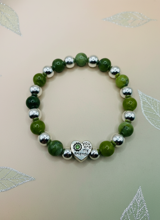 Friendship Green Jade Hematite Heart Charm Bracelet - Enhanced