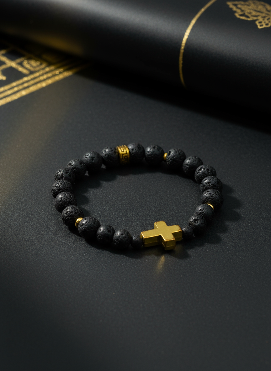Gold Cross Lava Rock Bracelet - Enhanced