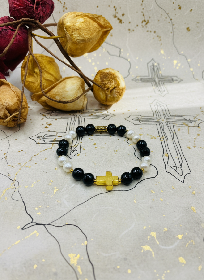 Gold Cross Pearl Onyx Spiritual Bracelet - Enhanced