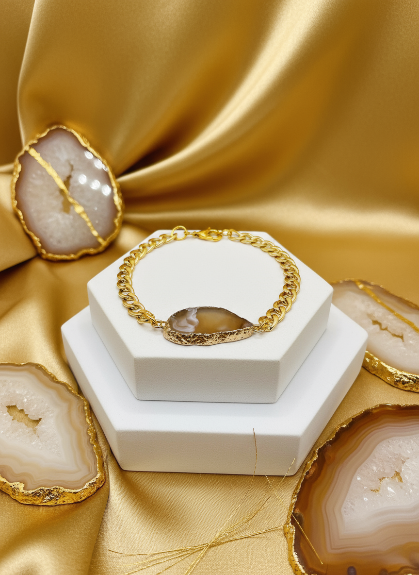 Gold Plated Cuban Link Agate Slice Bracelet - Enhanced