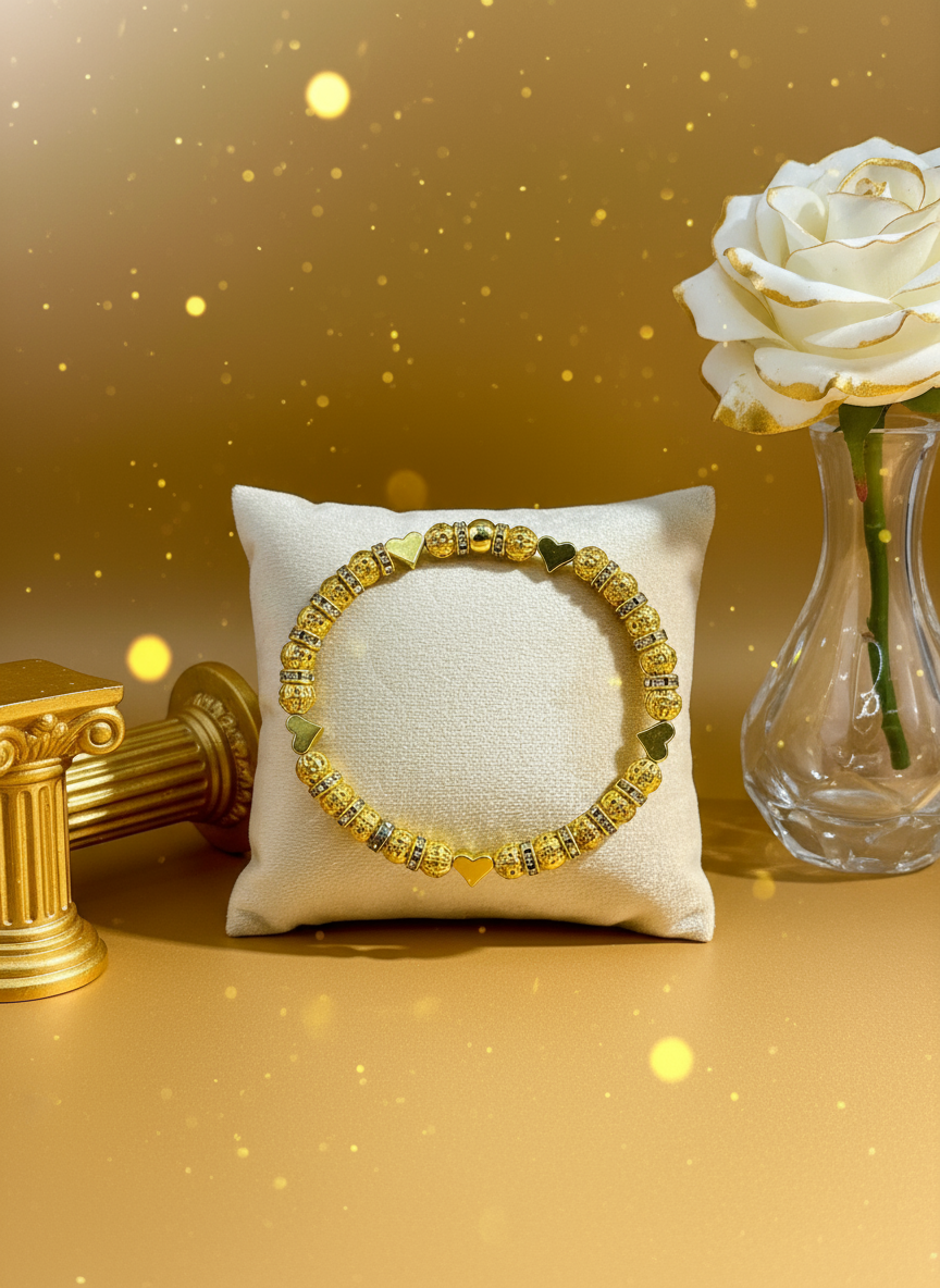 Gold Plated Heart Charm Rhinestone Bracelet - Enhanced