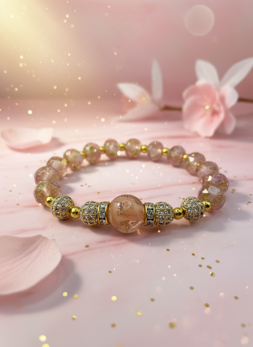 Gold Plated Pink Murano Floral Bracelet - Enhanced