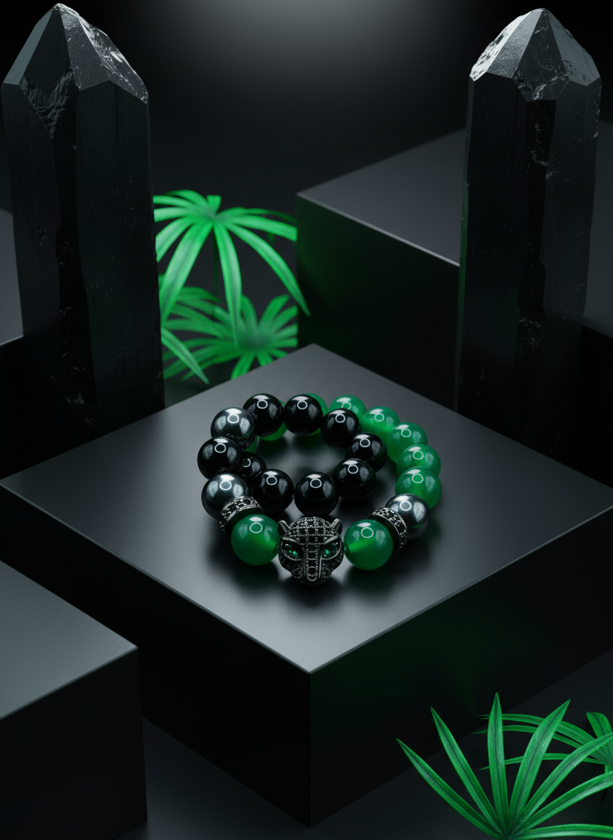 Handmade Black Panther Onyx Jade Hematite Bracelet - Enhanced