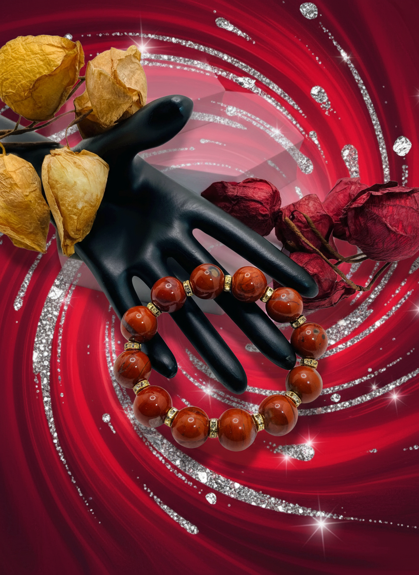 Handmade Chunky Red Jasper Rhinestone Bracelet - Enhanced