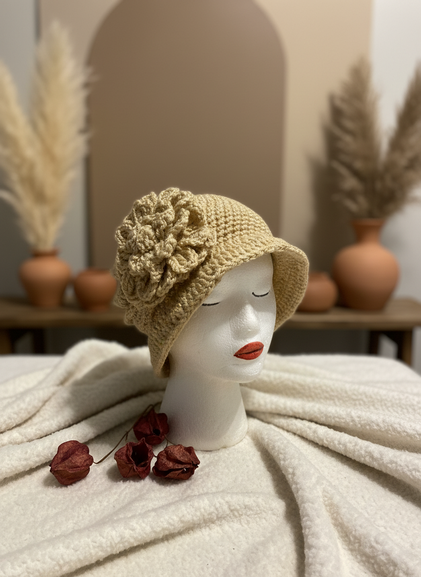 Handmade Crochet Flower Hat Womens Acrylic Beanie - Enhanced