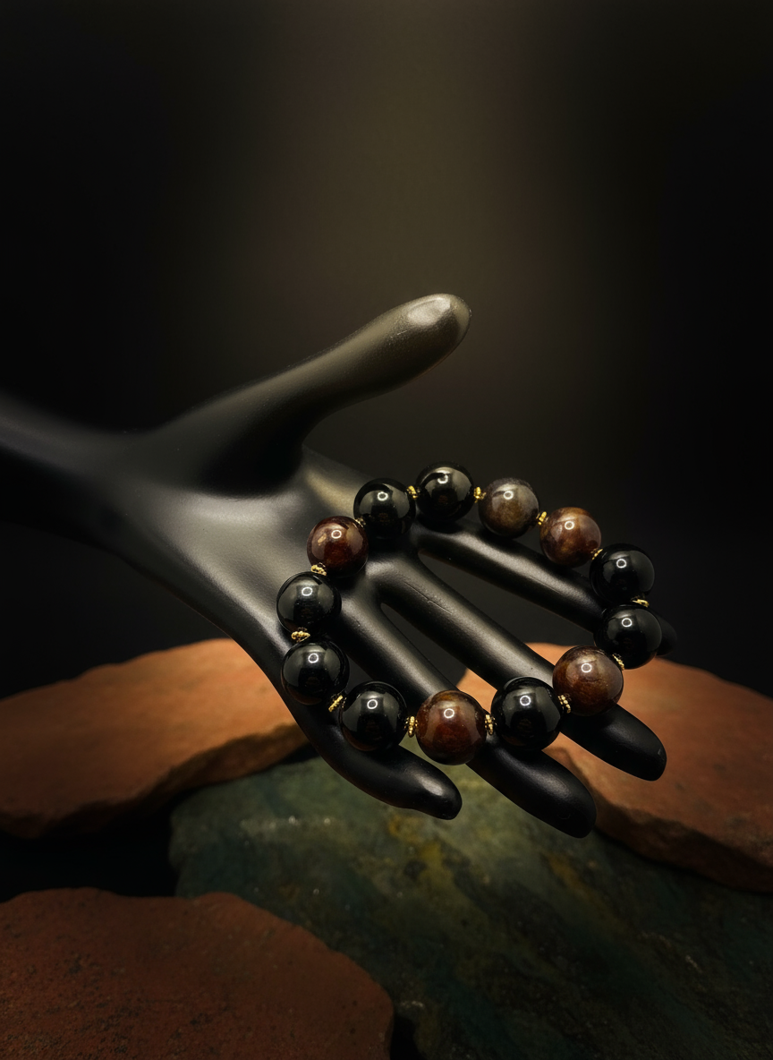 Handmade Obsidian Agate Golden Spacers Bracelet - Enhanced