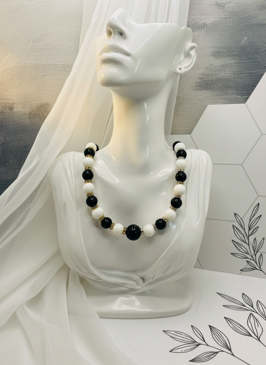 Handmade Onyx Black White Beaded Necklace - Enhanced