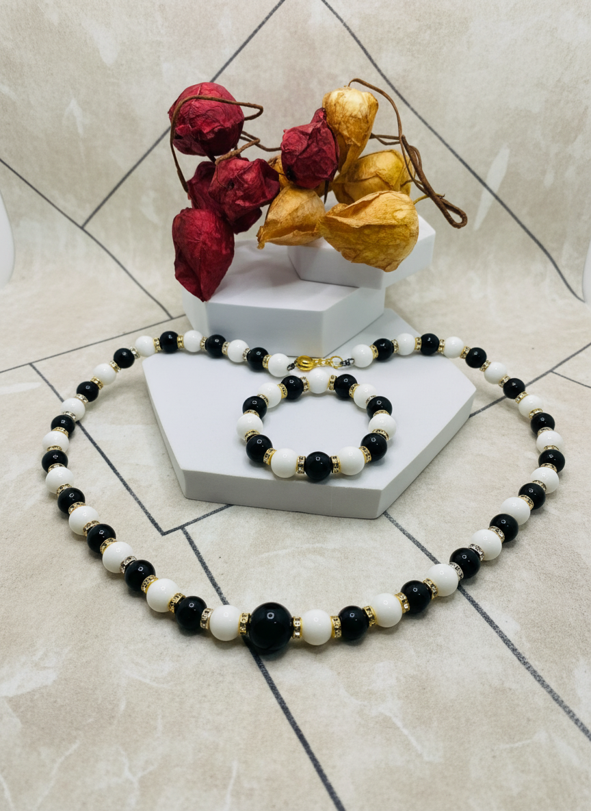 Handmade Onyx Black White Necklace Bracelet Set - Enhanced