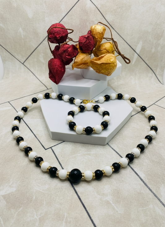 Handmade Onyx Black White Necklace Bracelet Set - Enhanced