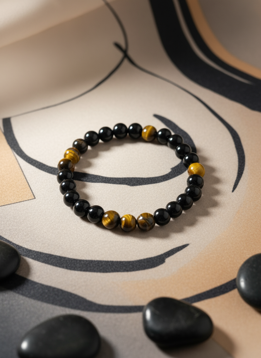Handmade Onyx Tigers Eye Gemstone Beaded Bracelet - Enhanced
