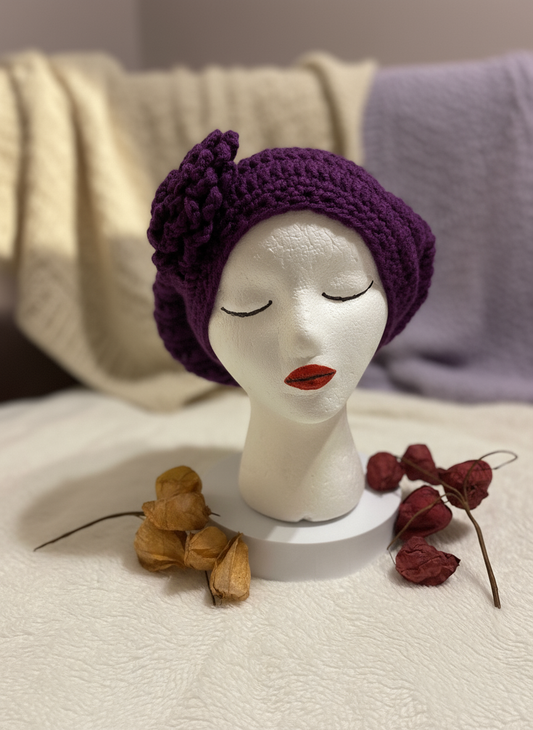Handmade Purple Crochet Hat with Flower - Enhanced