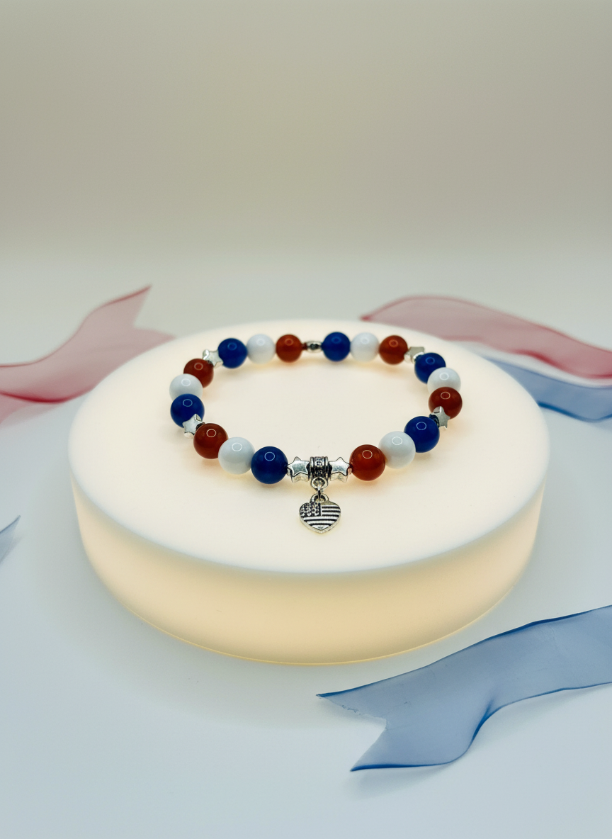 Handmade Star American Flag Heart Gemstone Charm Bracelet - Enhanced
