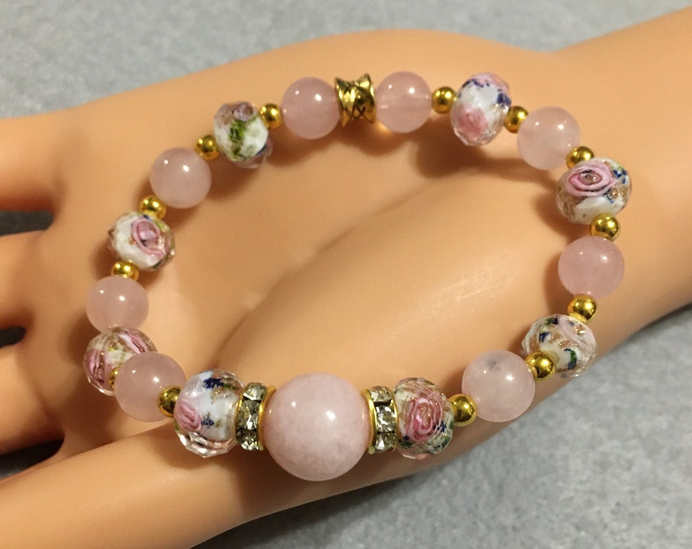 Handmade Rose Quartz Bracelet: Lampwork Floral Glass Beads