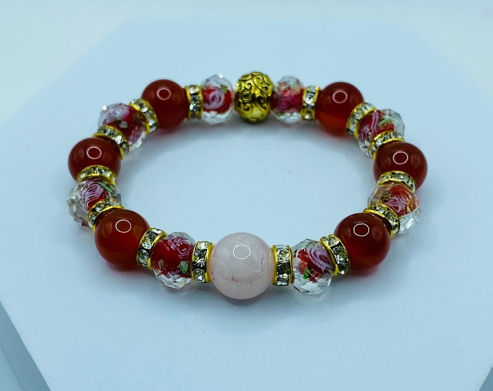 Rose Quartz Bracelet: Red Carnelian, Lampwork Floral Glass Beads
