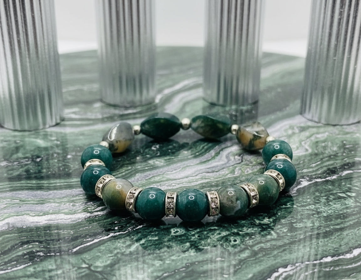 Moss Agate Beaded Bracelet: Gemstone Jewelry with Rhinestone Accents