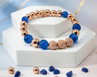 Rose Gold Plated Hematite Bracelet: Blue Crystal Quartz & Cubic Zirconia Beads